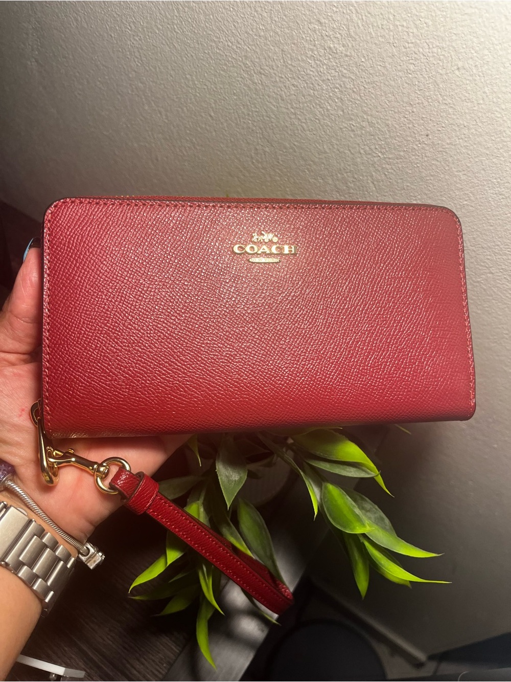 Coach Red Saffiano Zip Wristlet with Gold Logo
